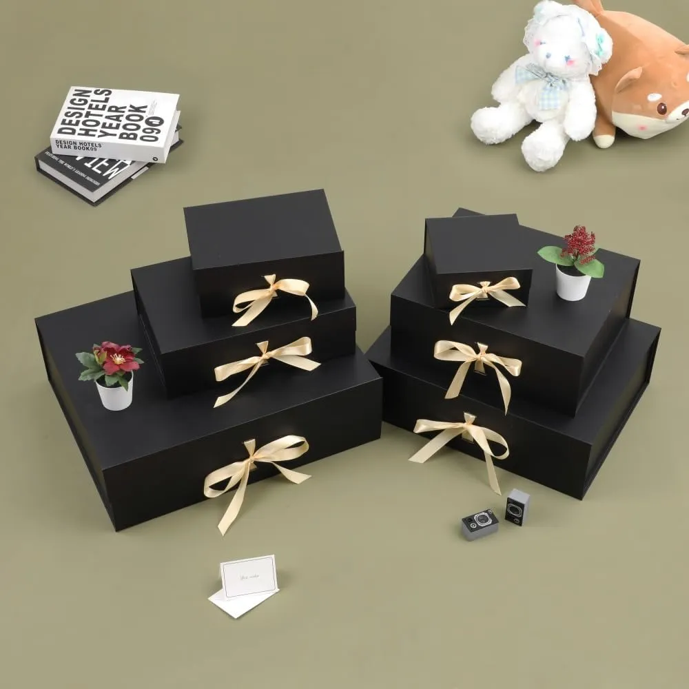 Skivra Large Black Gift Box with Ribbon - Extra Large Collapsible Luxury Gift Box for Wedding Dress - 19x16x6 Inch - Magnetic Closure - Rectangle - Crinkle Cut Paper Shred with Card