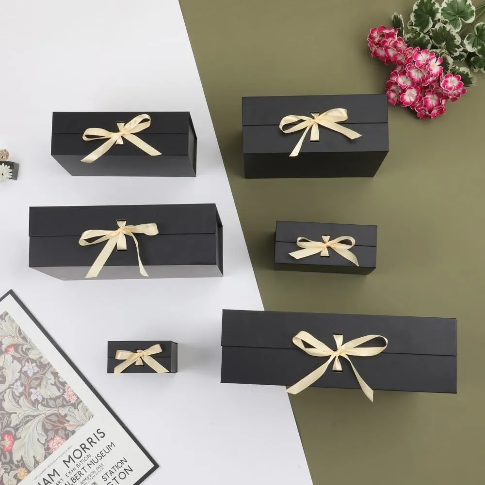 Skivra Large Black Gift Box with Ribbon - Extra Large Collapsible Luxury Gift Box for Wedding Dress - 19x16x6 Inch - Magnetic Closure - Rectangle - Crinkle Cut Paper Shred with Card