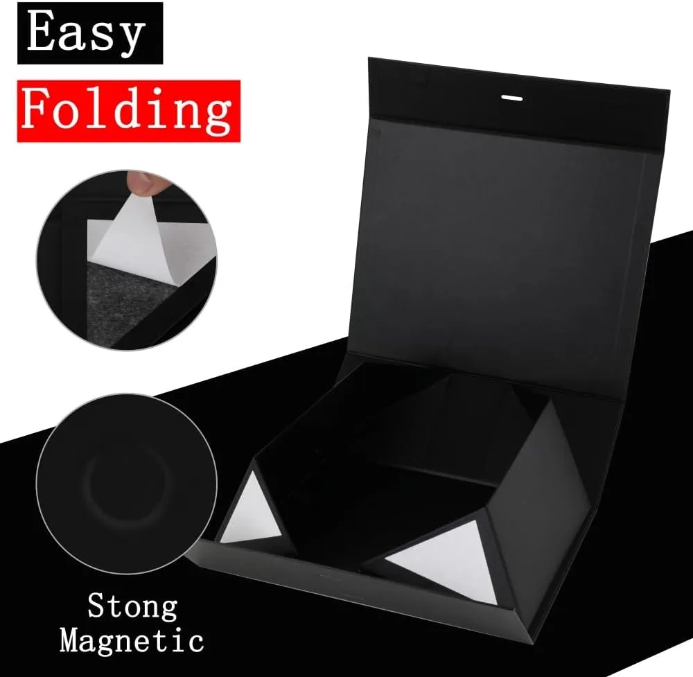 Skivra Large Black Gift Box with Ribbon - Extra Large Collapsible Luxury Gift Box for Wedding Dress - 19x16x6 Inch - Magnetic Closure - Rectangle - Crinkle Cut Paper Shred with Card