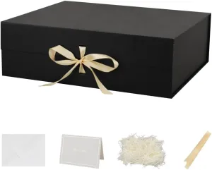 Skivra Large Black Gift Box with Ribbon - Extra Large Collapsible Luxury Gift Box for Wedding Dress - 19x16x6 Inch - Magnetic Closure - Rectangle - Crinkle Cut Paper Shred with Card