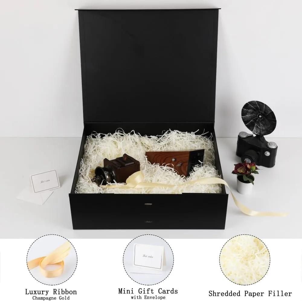 Skivra Large Black Gift Box with Ribbon - Extra Large Collapsible Luxury Gift Box for Wedding Dress - 19x16x6 Inch - Magnetic Closure - Rectangle - Crinkle Cut Paper Shred with Card