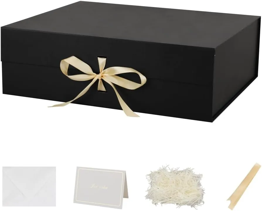 Skivra Large Black Gift Box with Ribbon - Extra Large Collapsible Luxury Gift Box for Wedding Dress - 19x16x6 Inch - Magnetic Closure - Rectangle - Crinkle Cut Paper Shred with Card