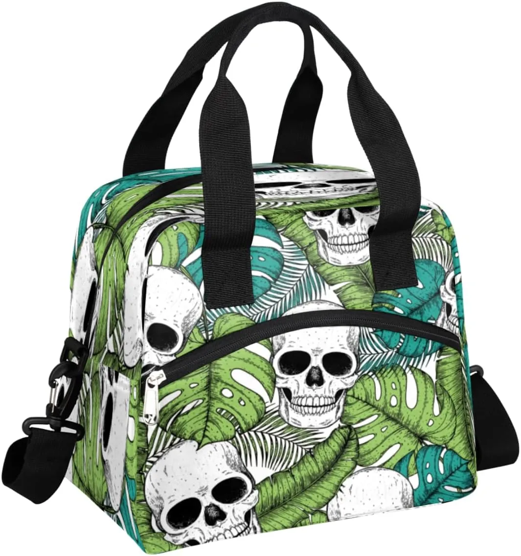 Skull Tropic Pattern Lunch Tote bag for Women Men Reusable Lunch box Cooler Bag for Adult Lunchbox Bag Leakproof Lunchbag with Shoulder Strap for Work Office Picnic Beach