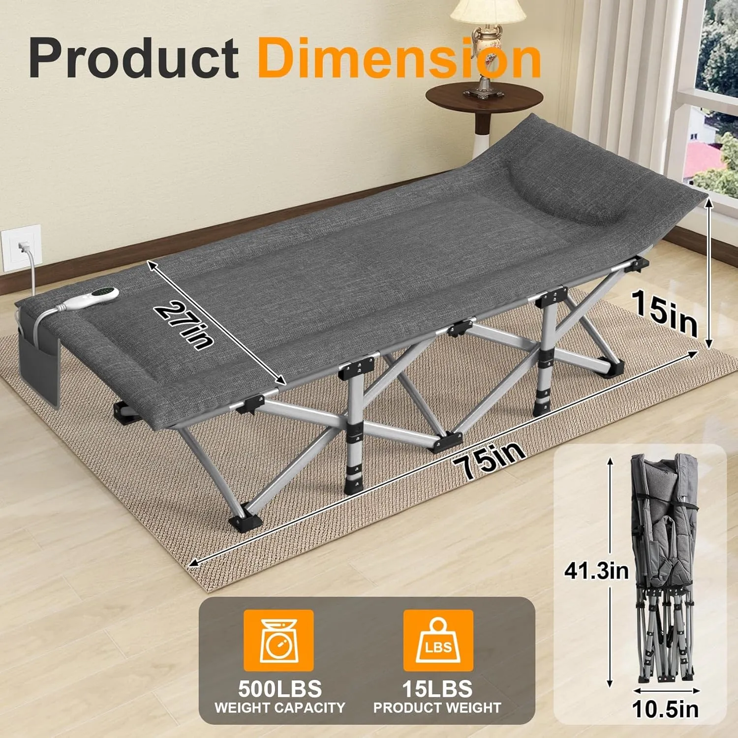 Slendor Heated Camping Cot, Padded Folding Camping Cots for Adults, 1200D Double Layer Sleeping Cot Bed for Office, Patio, Guest with Storage Bag, Support 500lbs, 110V, 85W, Gray