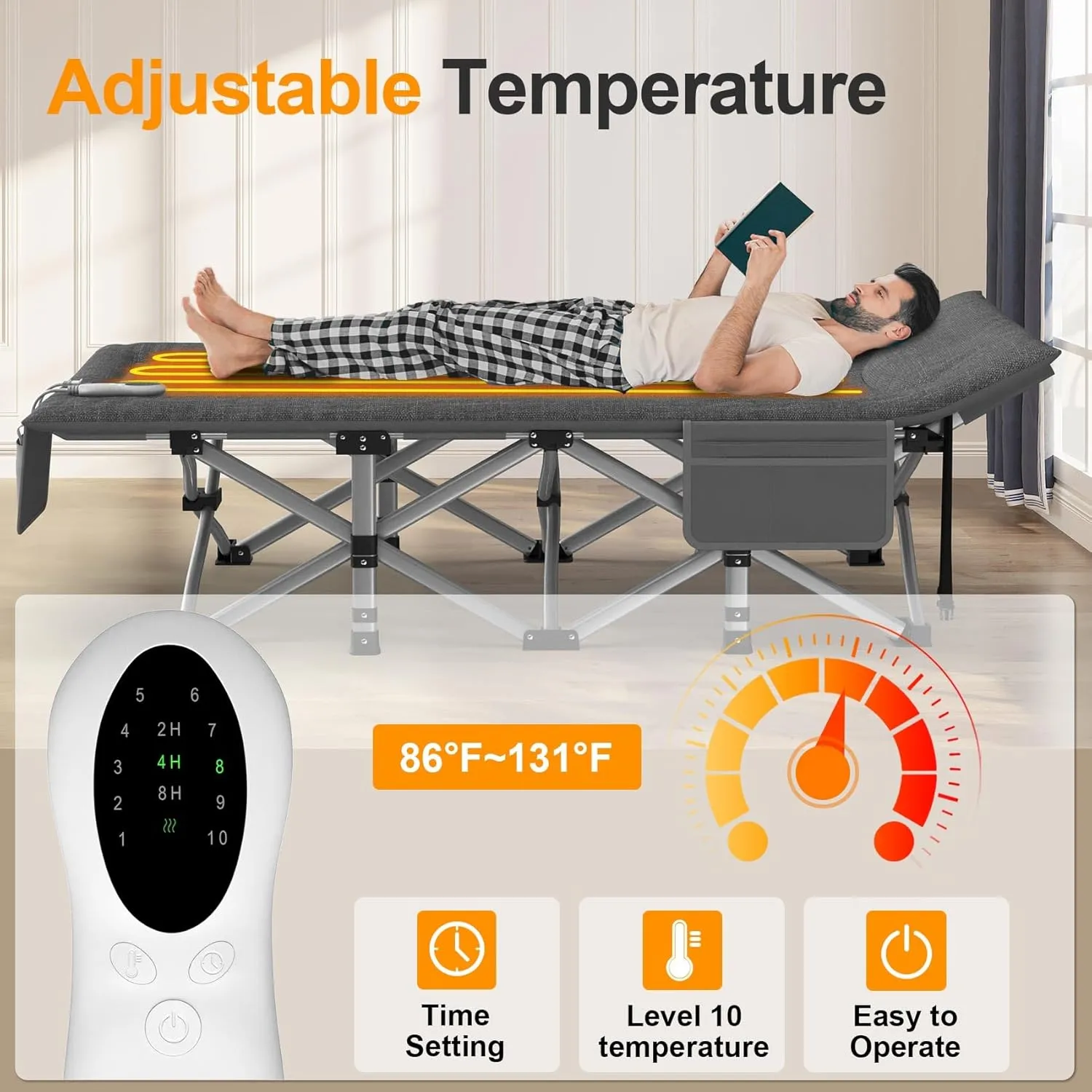 Slendor Heated Camping Cot, Padded Folding Camping Cots for Adults, 1200D Double Layer Sleeping Cot Bed for Office, Patio, Guest with Storage Bag, Support 500lbs, 110V, 85W, Gray