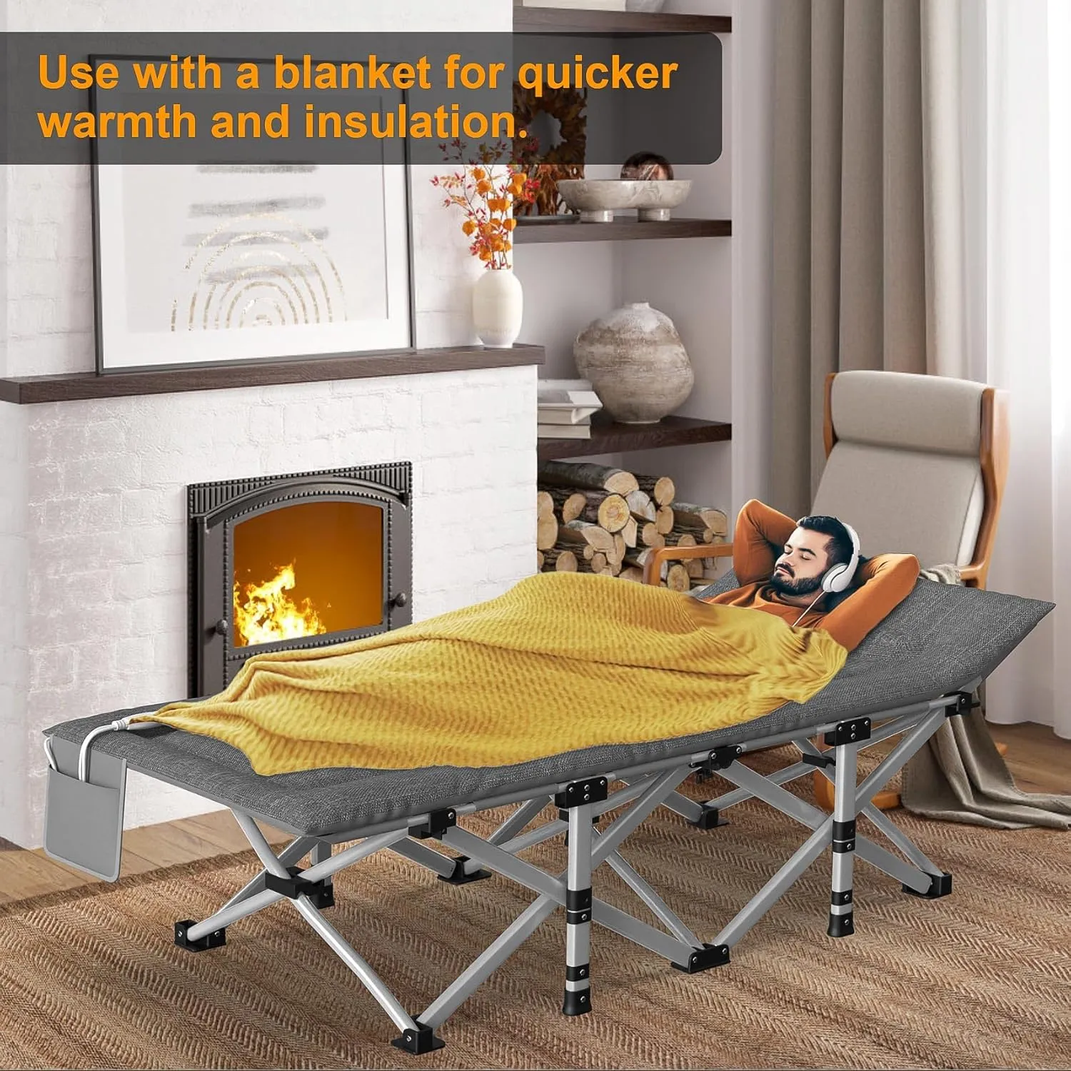 Slendor Heated Camping Cot, Padded Folding Camping Cots for Adults, 1200D Double Layer Sleeping Cot Bed for Office, Patio, Guest with Storage Bag, Support 500lbs, 110V, 85W, Gray