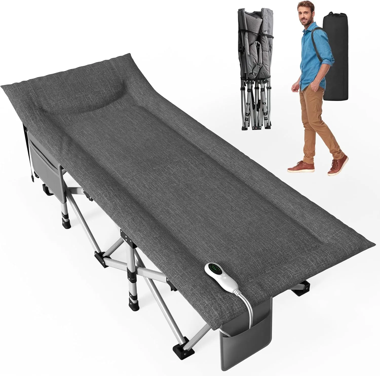 Slendor Heated Camping Cot, Padded Folding Camping Cots for Adults, 1200D Double Layer Sleeping Cot Bed for Office, Patio, Guest with Storage Bag, Support 500lbs, 110V, 85W, Gray