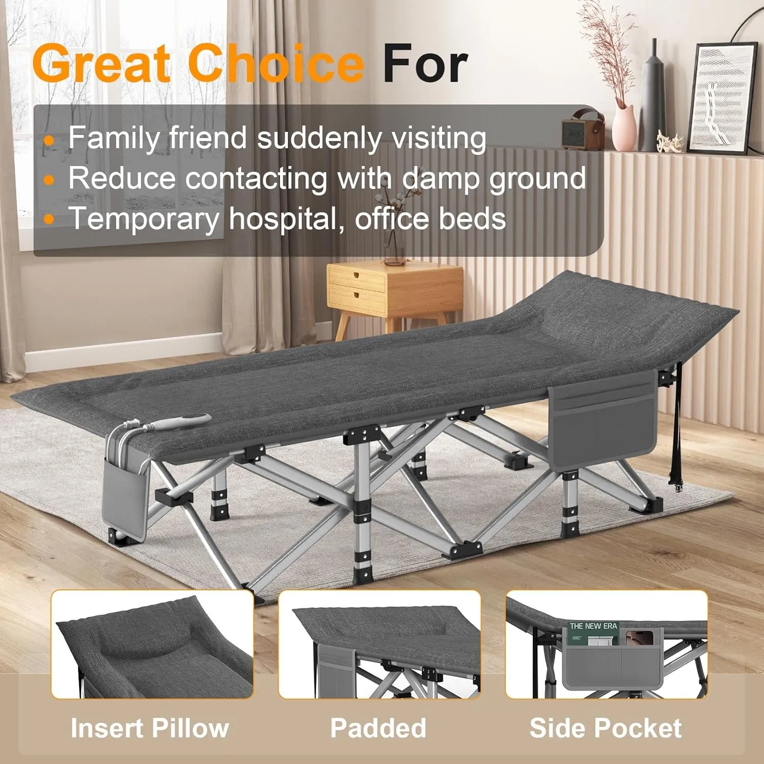 Slendor Heated Camping Cot, Padded Folding Camping Cots for Adults, 1200D Double Layer Sleeping Cot Bed for Office, Patio, Guest with Storage Bag, Support 500lbs, 110V, 85W, Gray
