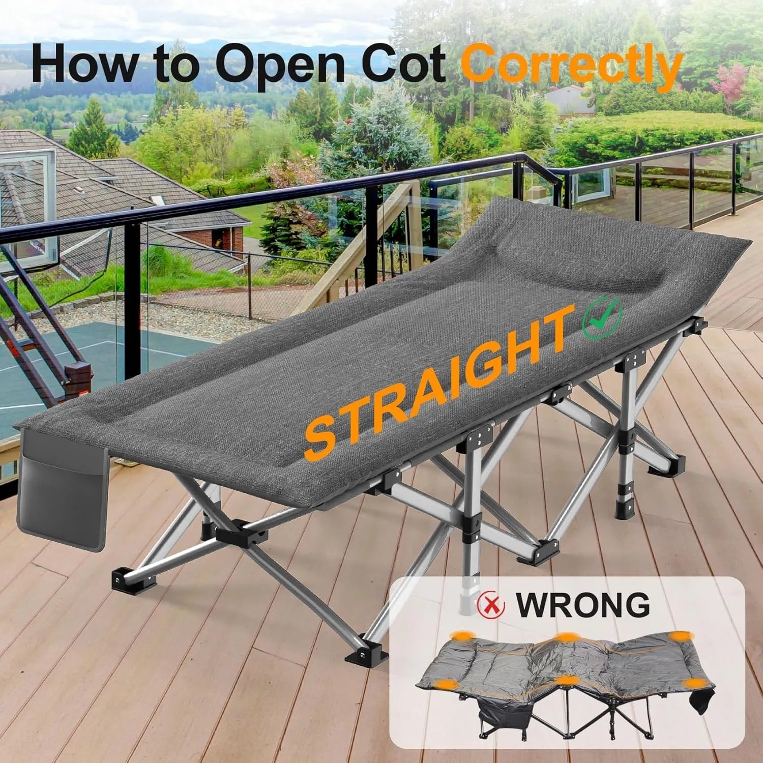 Slendor Heated Camping Cot, Padded Folding Camping Cots for Adults, 1200D Double Layer Sleeping Cot Bed for Office, Patio, Guest with Storage Bag, Support 500lbs, 110V, 85W, Gray