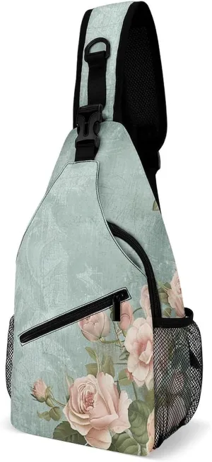 Sling Bags for Women Men Vintage Style Flowers Sling Backpack Adjustable Belt Casual Chest Daypack Bum Bags Fanny Pack for Travel Sports Running Hiking Waist Packs, 38x20cm