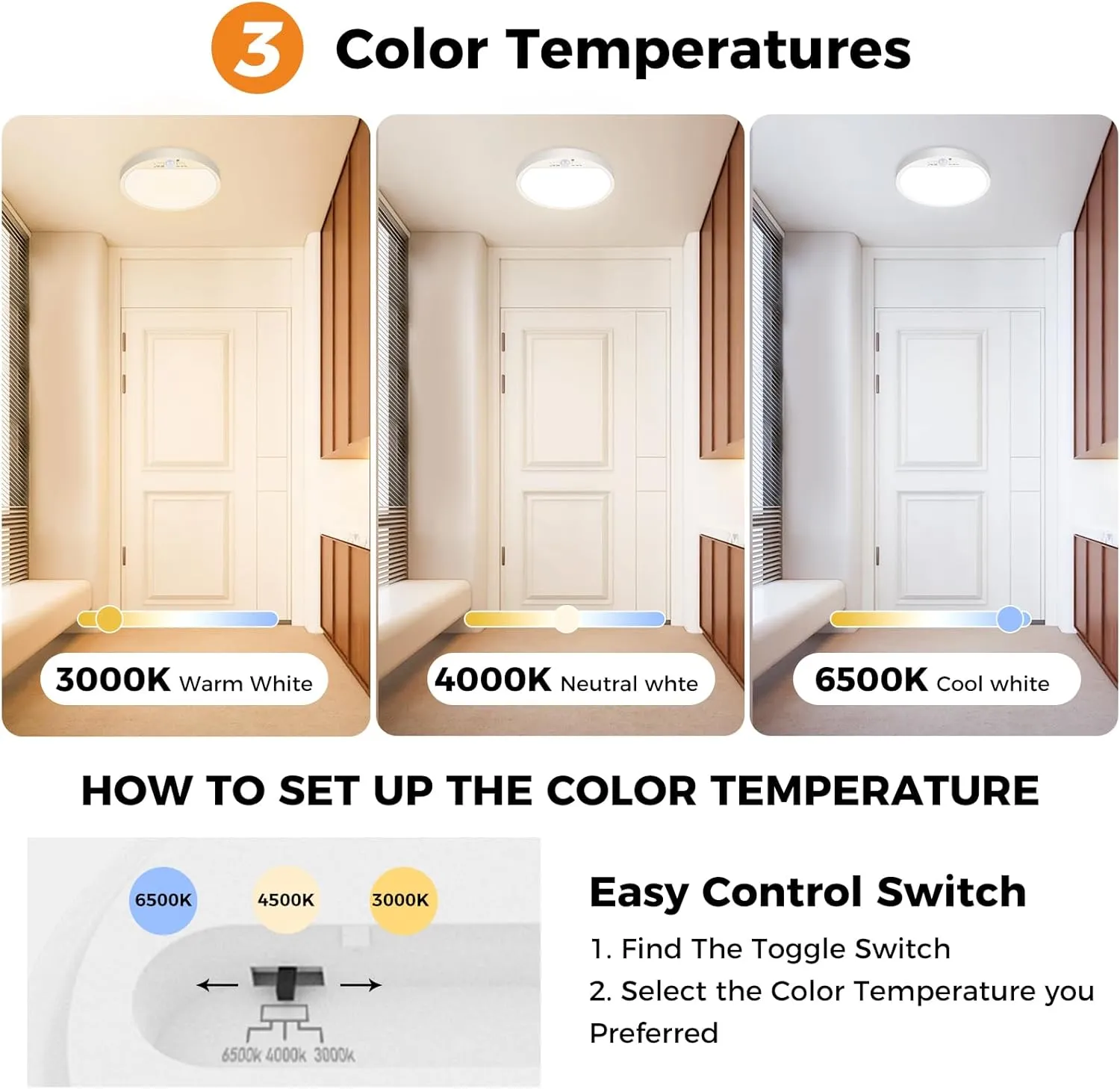 Slochi 2Pack Motion Sensor Ceiling Light Wired, 3000K/4000K/6500K Motion Sensor Light Indoor, 15W 1500LM 7 In Closet Lights Motion Sensored with Timer, Flush Mount Light for Hallway Wall Pantry, White