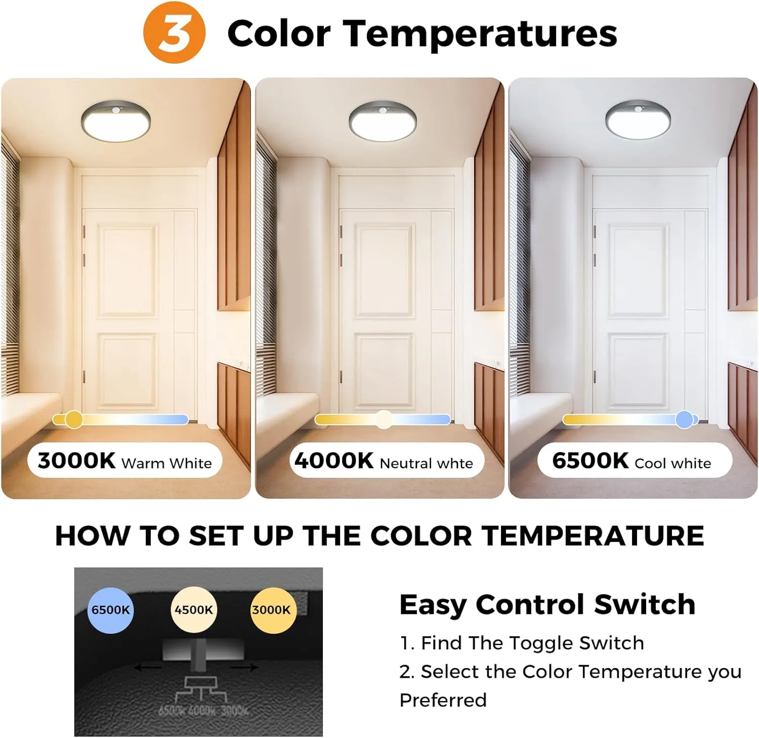 slochi 2Pack Motion Sensor Light Indoor Wired PIR, 3000K/4000K/6500K Closet Lights Motion Sensored, 15W 1500LM 7 in, Timer, Motion Activated Flush Mount Ceiling Light for Hallway Wall Pantry, Black