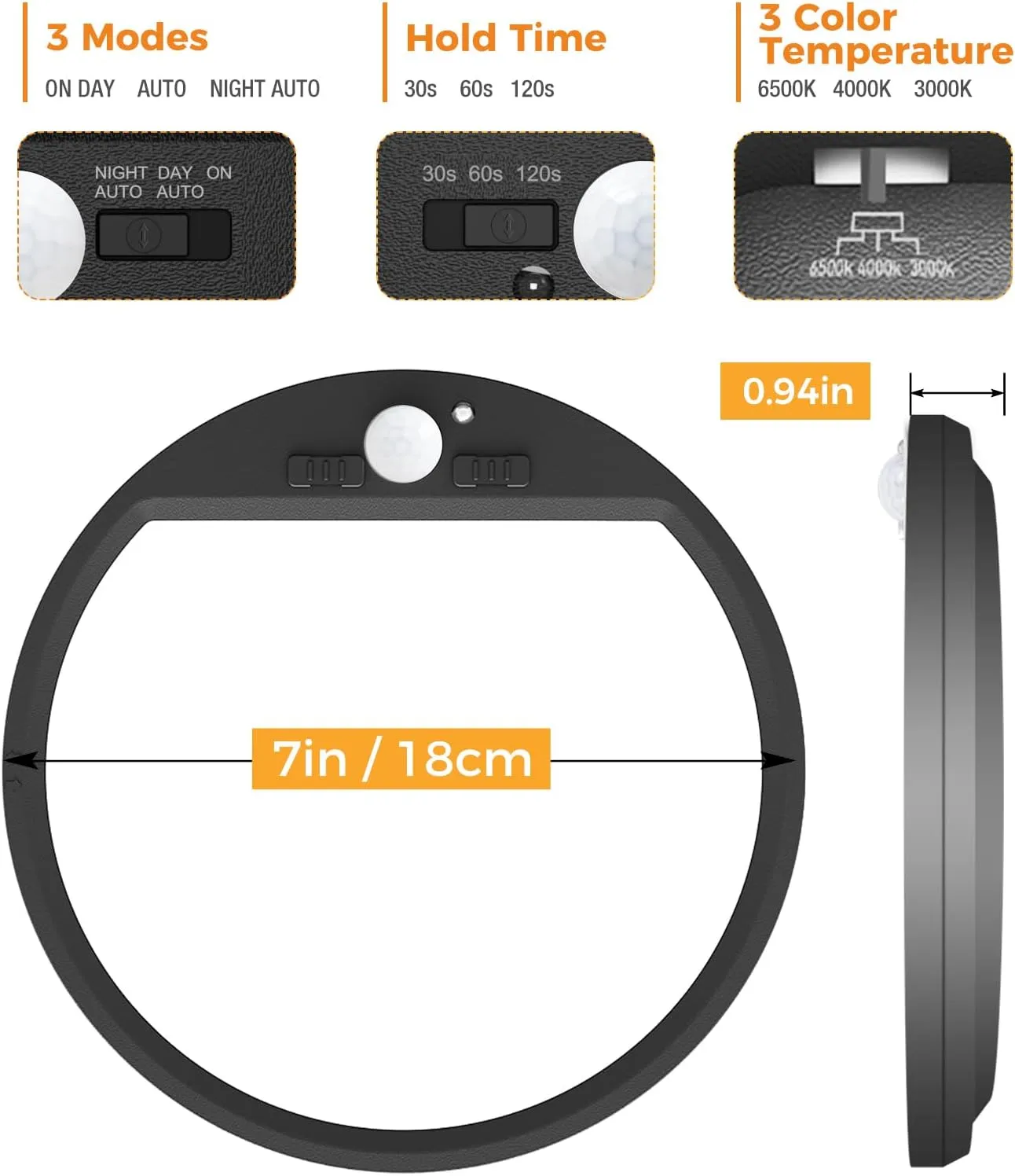slochi 2Pack Motion Sensor Light Indoor Wired PIR, 3000K/4000K/6500K Closet Lights Motion Sensored, 15W 1500LM 7 in, Timer, Motion Activated Flush Mount Ceiling Light for Hallway Wall Pantry, Black