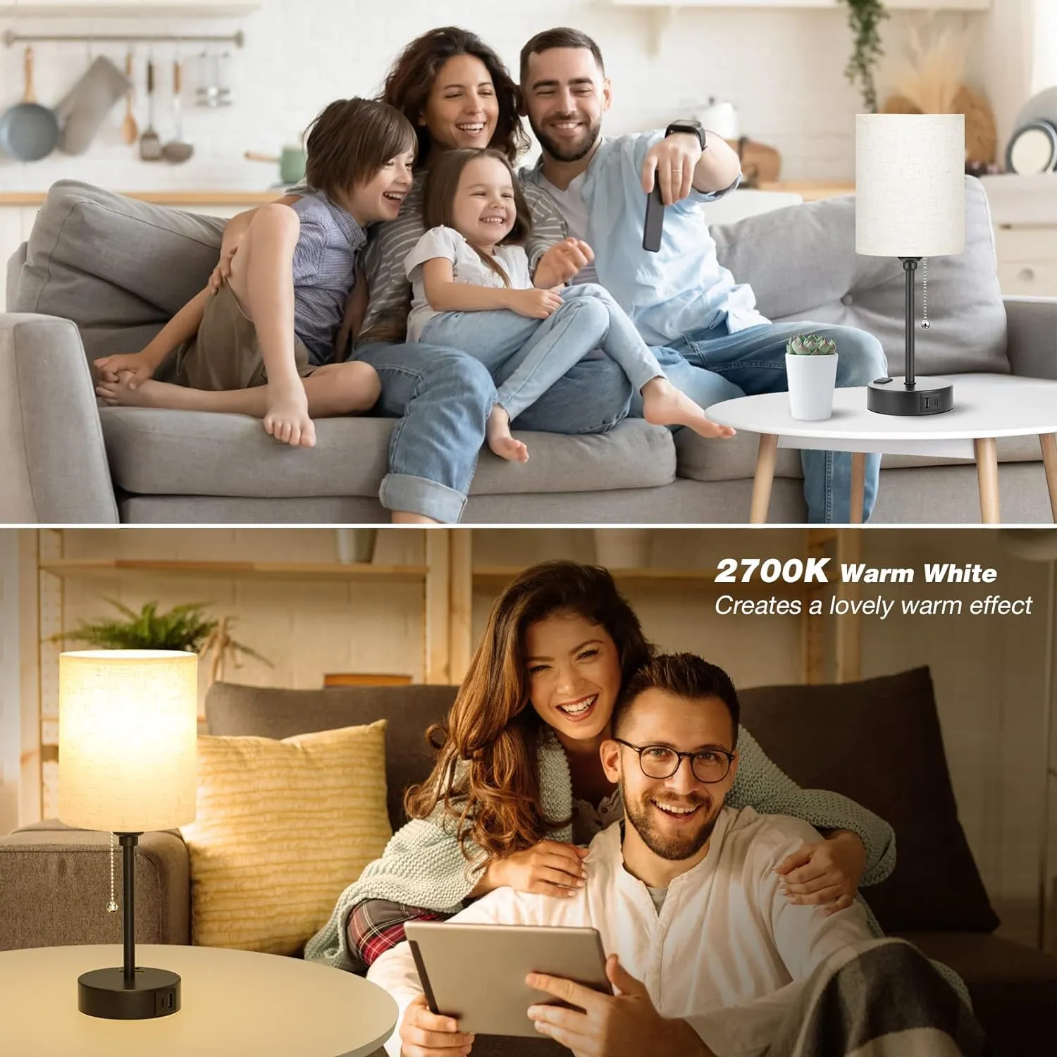Small Bedside Lamp With 3 Color Modes - Off White 2700K 3500K 5000K Bedroom Light With USB C and A Ports, Pull Chain, AC Outlet, Black Metal Base for Kids Reading