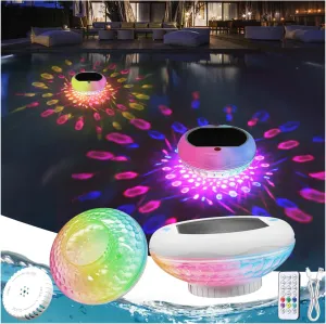 Solar Pool Chlorine Floater with 13 Colors Light, Floating Pool Lights with USB Charging, 6.7 Inch 2600mAh IP68 Waterproof Upper and Lower Glow Adjustable Release Chlorine Dispenser for Pool 2 Pack