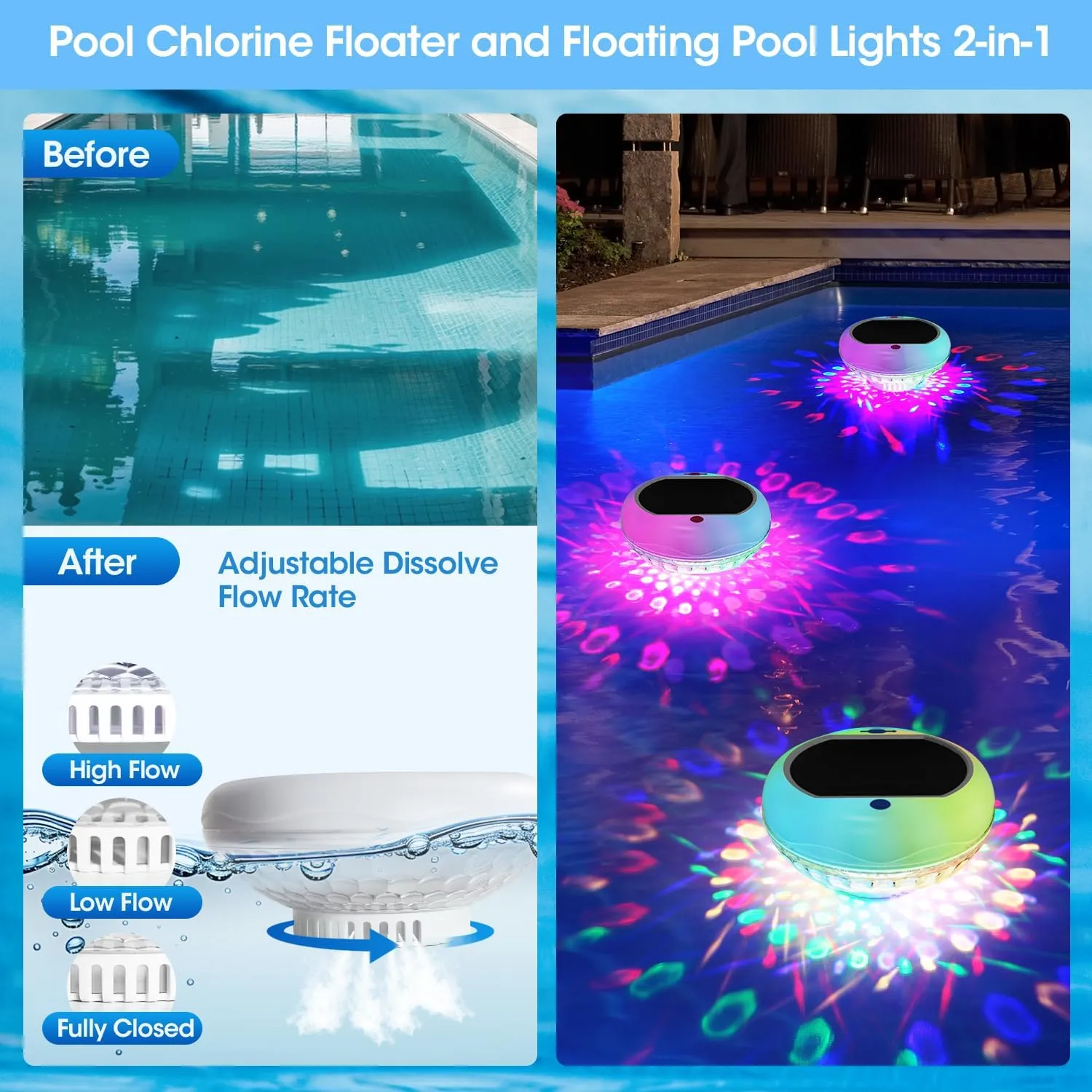 Solar Pool Chlorine Floater with 13 Colors Light, Floating Pool Lights with USB Charging, 6.7 Inch 2600mAh IP68 Waterproof Upper and Lower Glow Adjustable Release Chlorine Dispenser for Pool 2 Pack