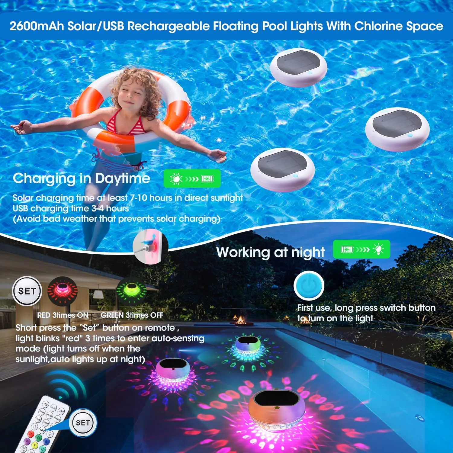Solar Pool Chlorine Floater with 13 Colors Light, Floating Pool Lights with USB Charging, 6.7 Inch 2600mAh IP68 Waterproof Upper and Lower Glow Adjustable Release Chlorine Dispenser for Pool 2 Pack