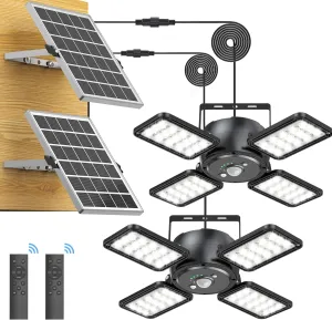 Solar Shed Light Outdoor Indoor Solar Powered Motion Sensor Pendant Light,144LED 1200LM Daytime Work with 5 Modes & Remote Control 4 Heads IP65 Waterproof for Garage Barn Shop 2 Pack