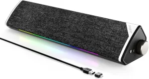 SOULION R60 Bluetooth Computer Speakers, USB Plug-N-Play PC Speakers with LED Dynamic Light, Surround Sound Soundbar Speaker with Rotary Switch for Desktop Laptop (USB-C to USB Adapter Included)