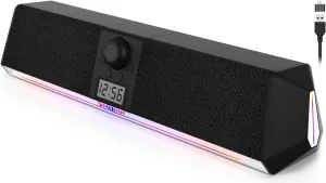 SOULION R80 Bluetooth Computer Speakers, USB Speakers with Digital Clock Display for Desktop Monitor, PC Speakers for Laptop Surround Sound Soundbar with LED Dynamic Light(USB Adapter Included)