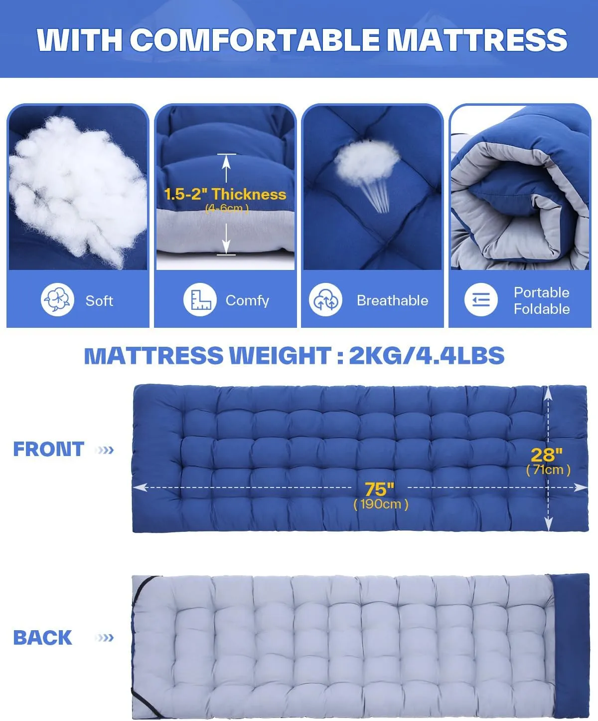 Sportneer Camping Cot: 1200D Double Layer Oxford Camping Cots for Adults - Heavy-Duty Foldable Cots for Camping Travel Tent Day Outdoor & Home Guest, Camping Cots with Mattress Carry Bag & 2 Pockets