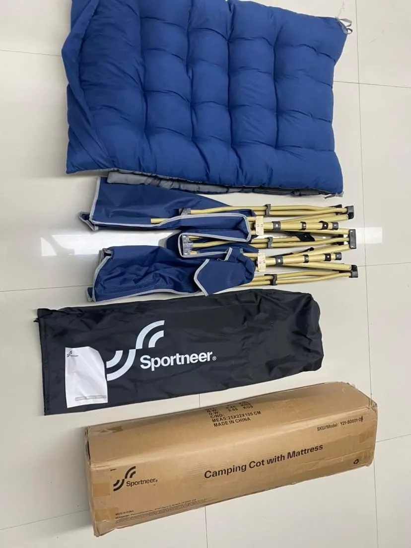 Sportneer Camping Cot: 1200D Double Layer Oxford Camping Cots for Adults - Heavy-Duty Foldable Cots for Camping Travel Tent Day Outdoor & Home Guest, Camping Cots with Mattress Carry Bag & 2 Pockets