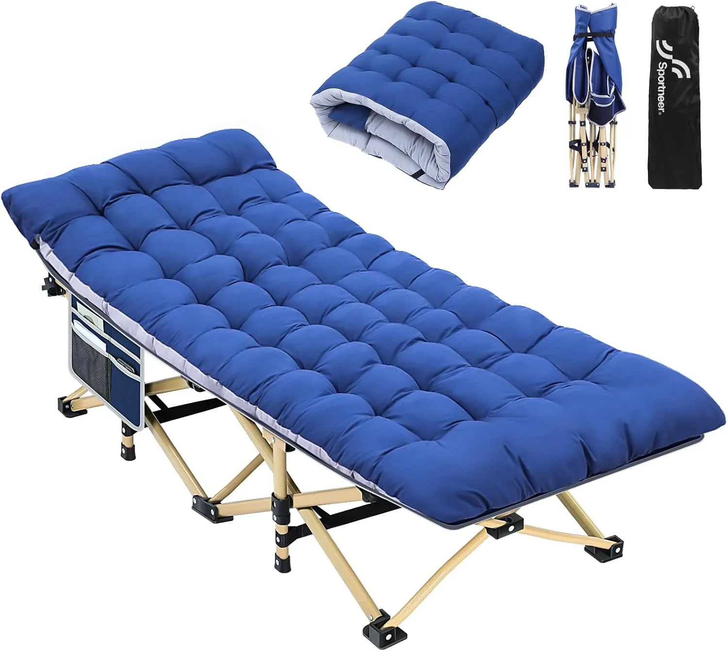 Sportneer Camping Cot: 1200D Double Layer Oxford Camping Cots for Adults - Heavy-Duty Foldable Cots for Camping Travel Tent Day Outdoor & Home Guest, Camping Cots with Mattress Carry Bag & 2 Pockets