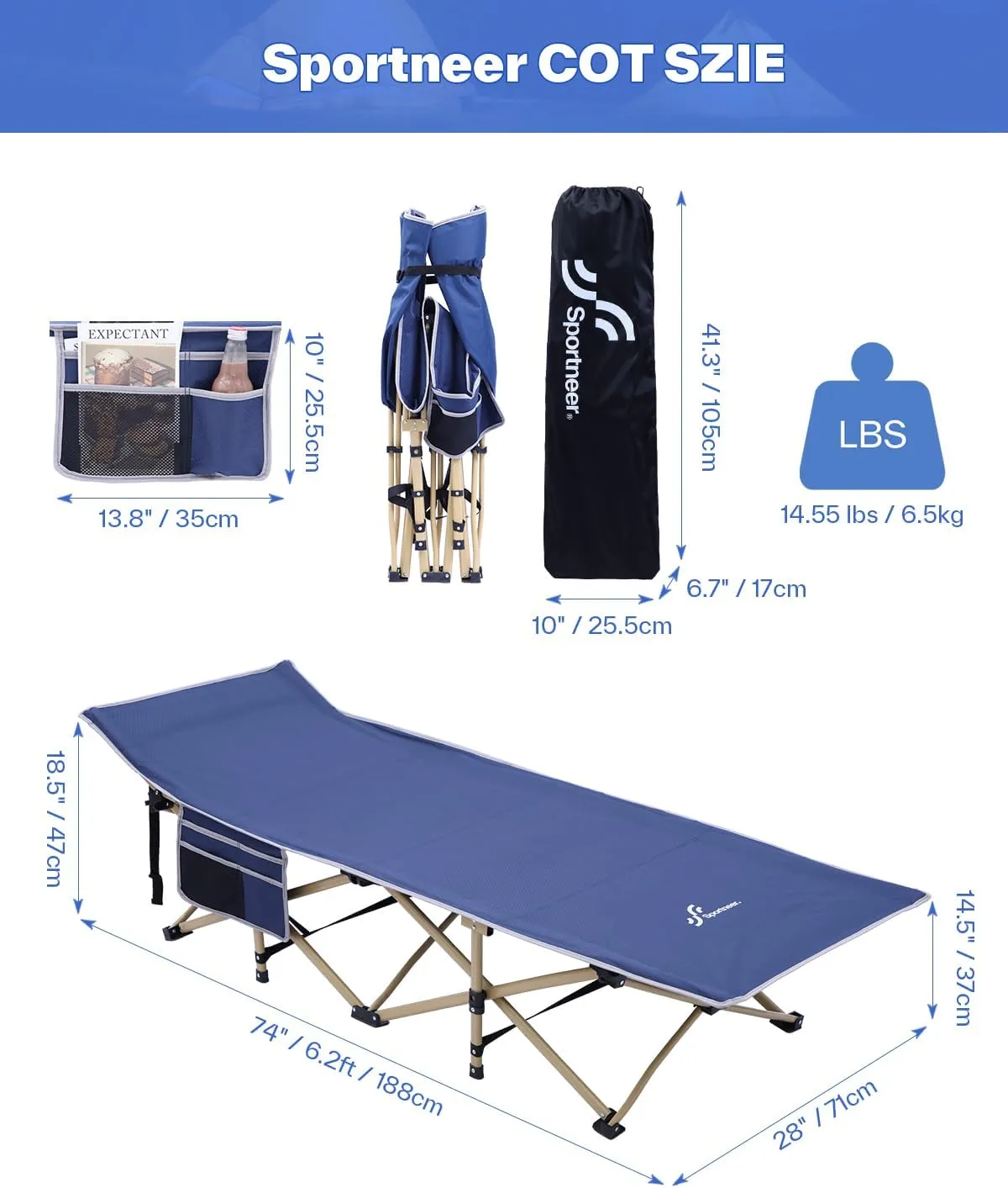 Sportneer Camping Cot: 1200D Double Layer Oxford Camping Cots for Adults - Heavy-Duty Foldable Cots for Camping Travel Tent Day Outdoor & Home Guest, Camping Cots with Mattress Carry Bag & 2 Pockets