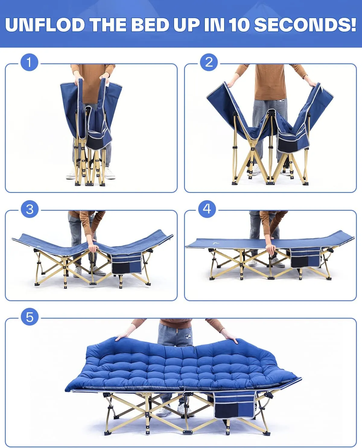 Sportneer Camping Cot: 1200D Double Layer Oxford Camping Cots for Adults - Heavy-Duty Foldable Cots for Camping Travel Tent Day Outdoor & Home Guest, Camping Cots with Mattress Carry Bag & 2 Pockets
