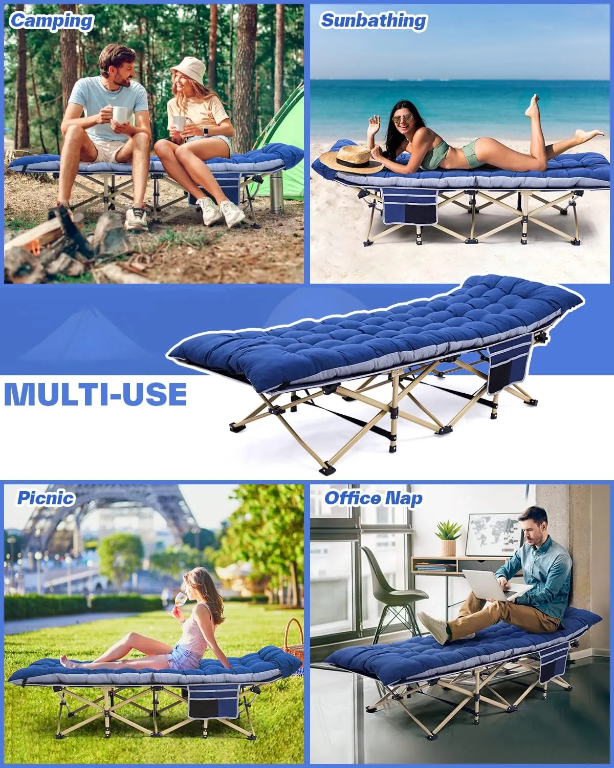 Sportneer Camping Cot: 1200D Double Layer Oxford Camping Cots for Adults - Heavy-Duty Foldable Cots for Camping Travel Tent Day Outdoor & Home Guest, Camping Cots with Mattress Carry Bag & 2 Pockets