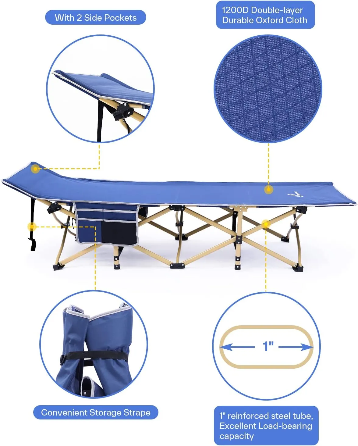 Sportneer Camping Cot: 1200D Double Layer Oxford Camping Cots for Adults - Heavy-Duty Foldable Cots for Camping Travel Tent Day Outdoor & Home Guest, Camping Cots with Mattress Carry Bag & 2 Pockets