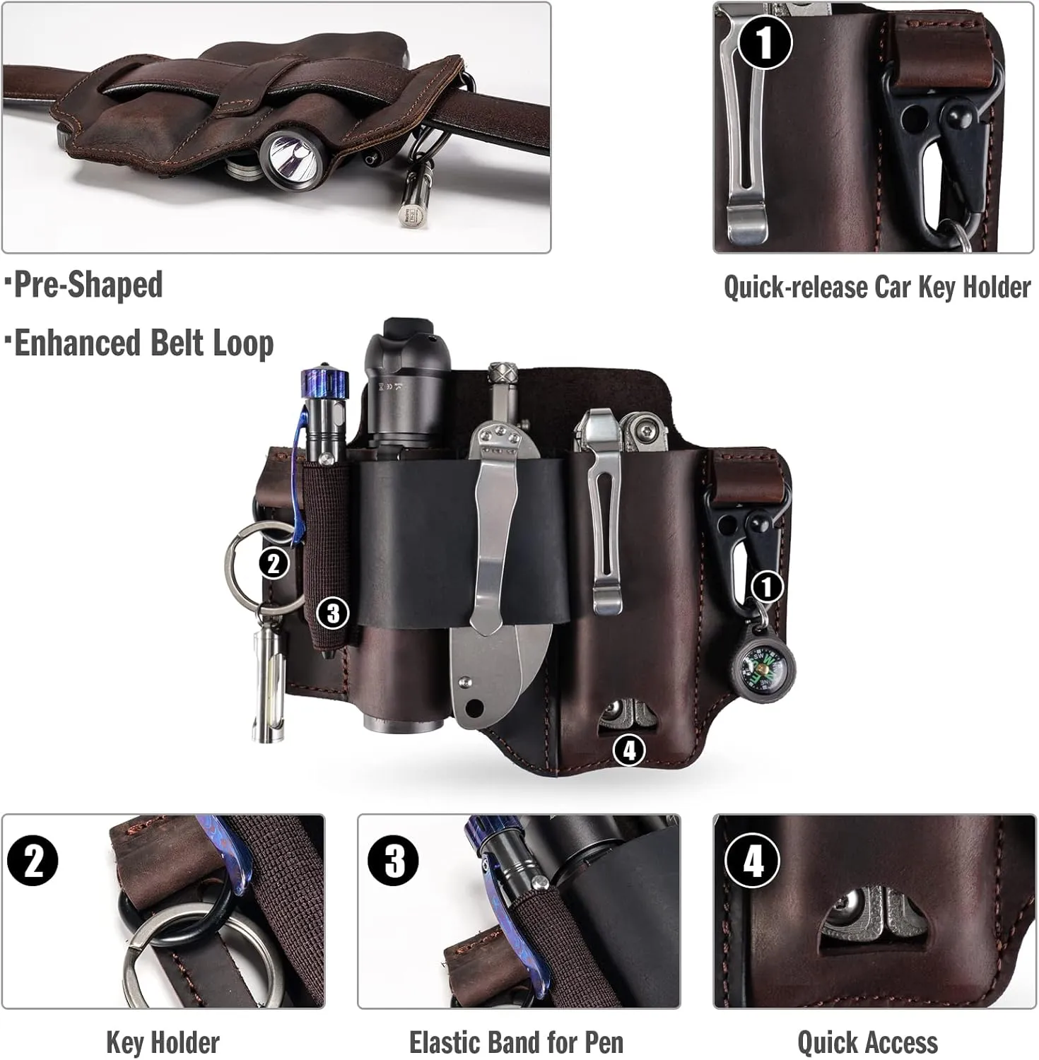 ST1 Leather Multitool Sheath - EDC Belt Organizer for Leatherman Tools, Flashlight, Pen, and Keychain Clip, Durable and Stylish, Great for Work and Daily Use, Ideal Gift for Men