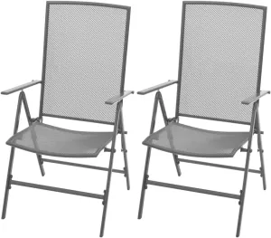 Stackable Patio Chairs 2 Pack Steel Gray Reclining Outdoor Lounge Chairs with 6-Position Adjustable Backrest, Foldable Metal Mesh Design for Garden, Poolside, Indoor & Outdoor Use