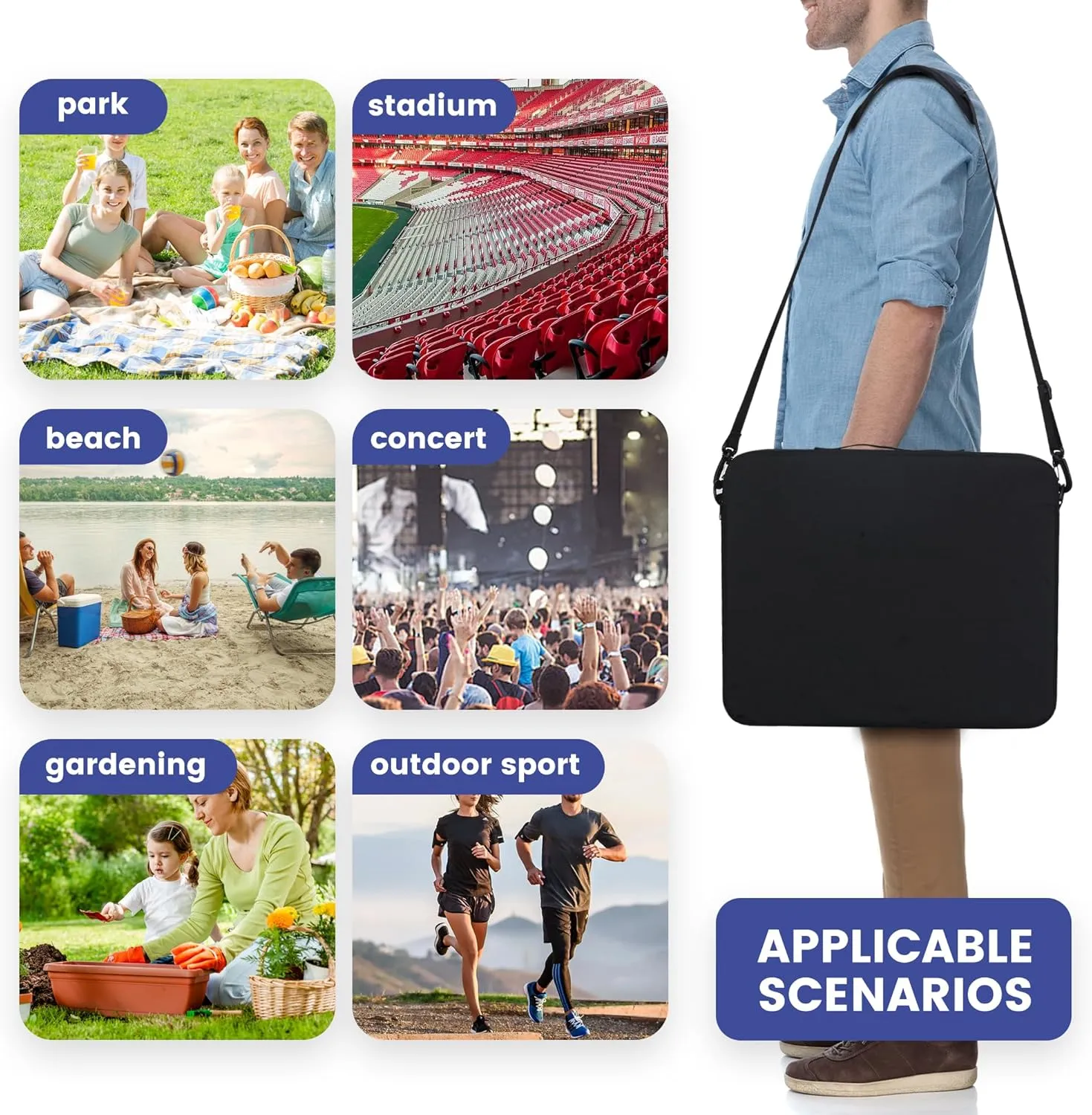 Stadium Bleacher Seat with Foam-Backed Support ，Extra-Wide Bleacher Chair with High-Density Padded Cushion，Portable Folding Stadium Chair (Black, Big Cloth Cushion)