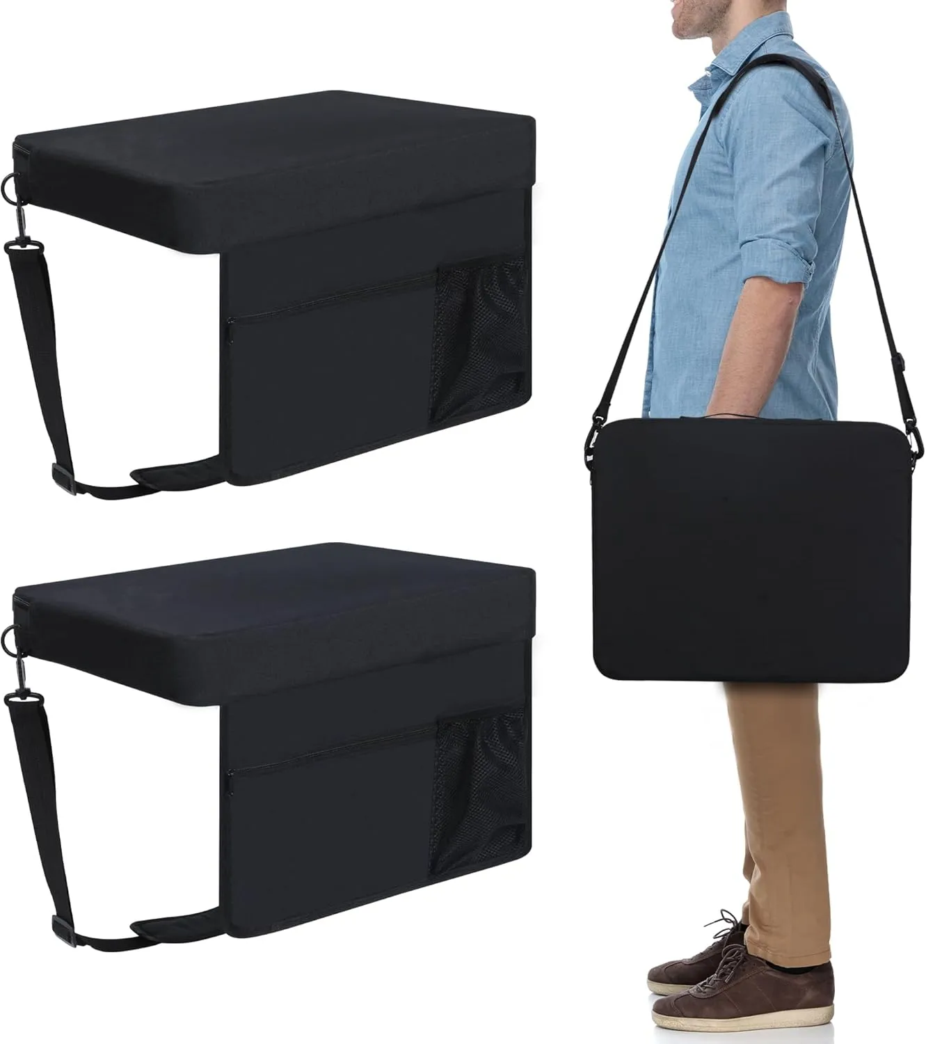 Stadium Bleacher Seat with Foam-Backed Support ，Extra-Wide Bleacher Chair with High-Density Padded Cushion，Portable Folding Stadium Chair (Black, Big Cloth Cushion)