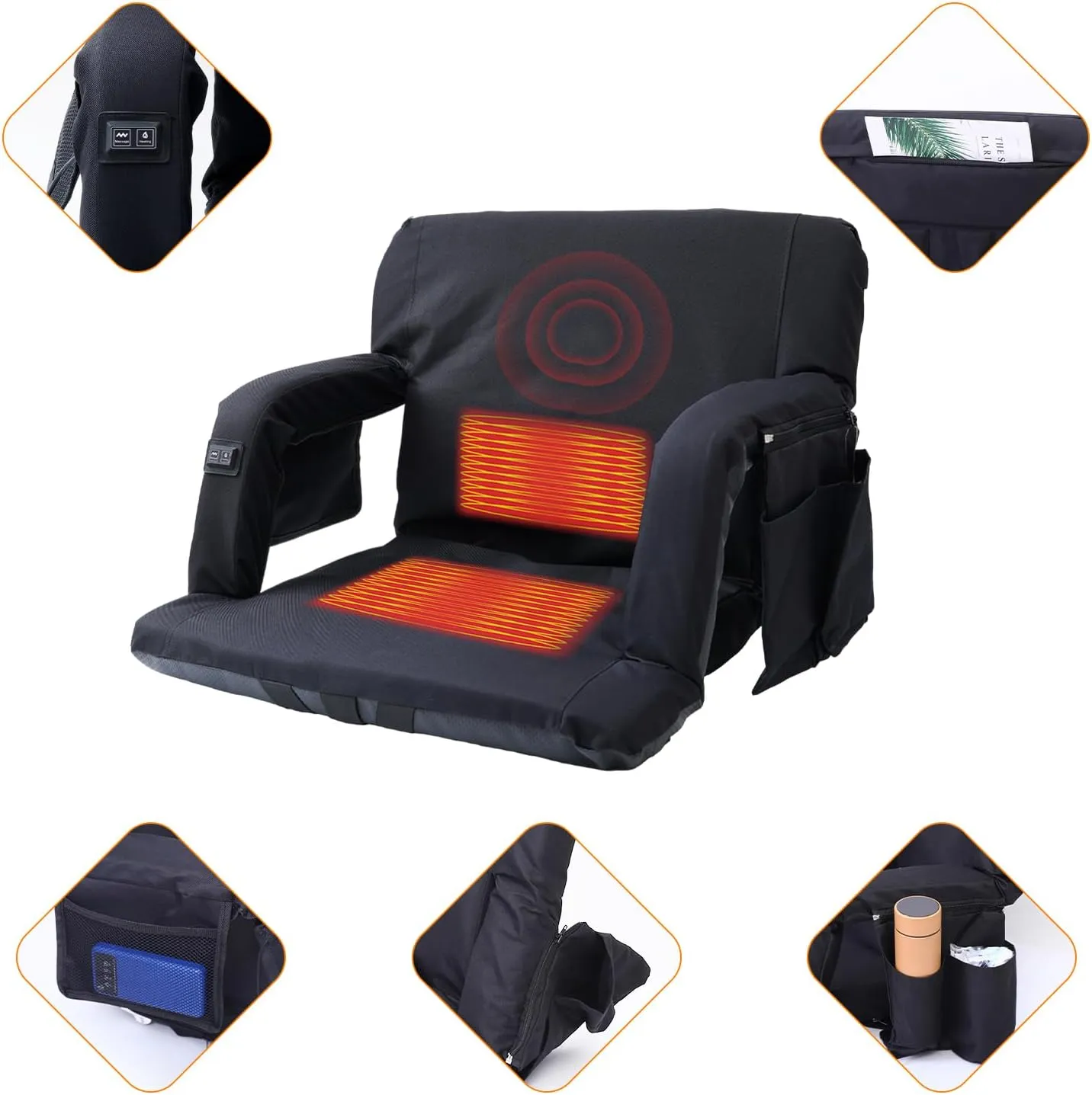 Stadium Seat with Back Support, Bleacher Seat, Heated Seat with Massage, Reclining Waterproof Cushion, Ultimate Comfort, Complete with Shoulder Straps