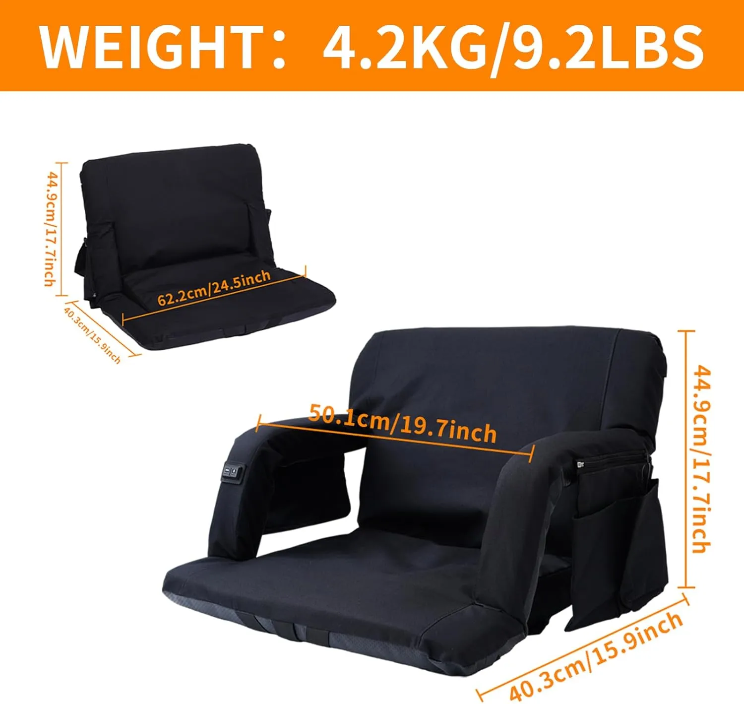 Stadium Seat with Back Support, Bleacher Seat, Heated Seat with Massage, Reclining Waterproof Cushion, Ultimate Comfort, Complete with Shoulder Straps