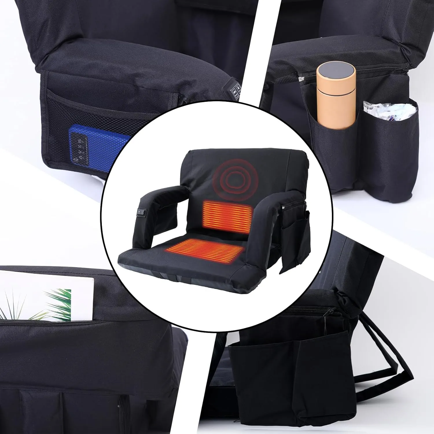 Stadium Seat with Back Support, Bleacher Seat, Heated Seat with Massage, Reclining Waterproof Cushion, Ultimate Comfort, Complete with Shoulder Straps