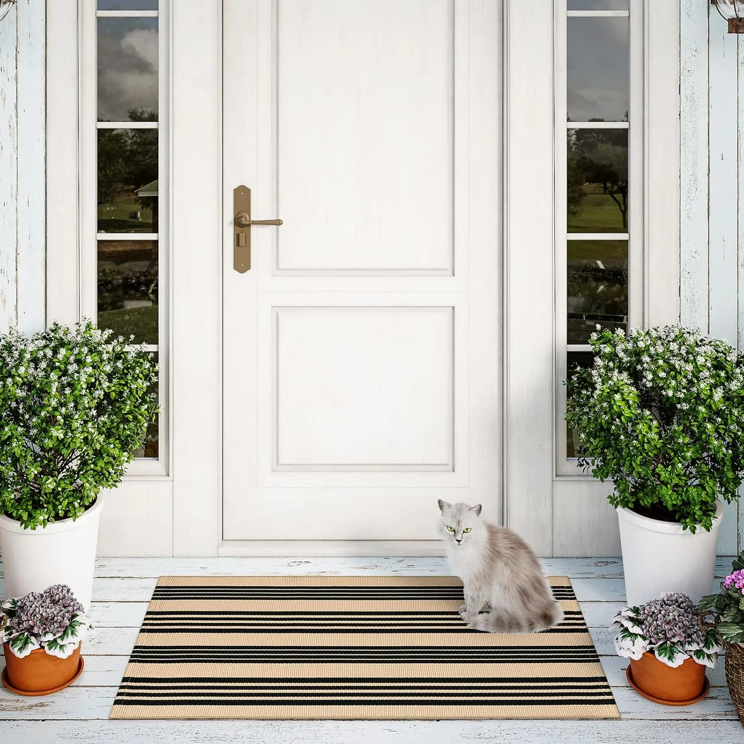 Striped Outdoor Front Door Mat 24"x51", Cotton Hand Woven Washable Black and Khaki Rug Runner, Reversible Foldable Indoor Layered Front Door Rugs for Entryway/Farmhouse/Home Entrance