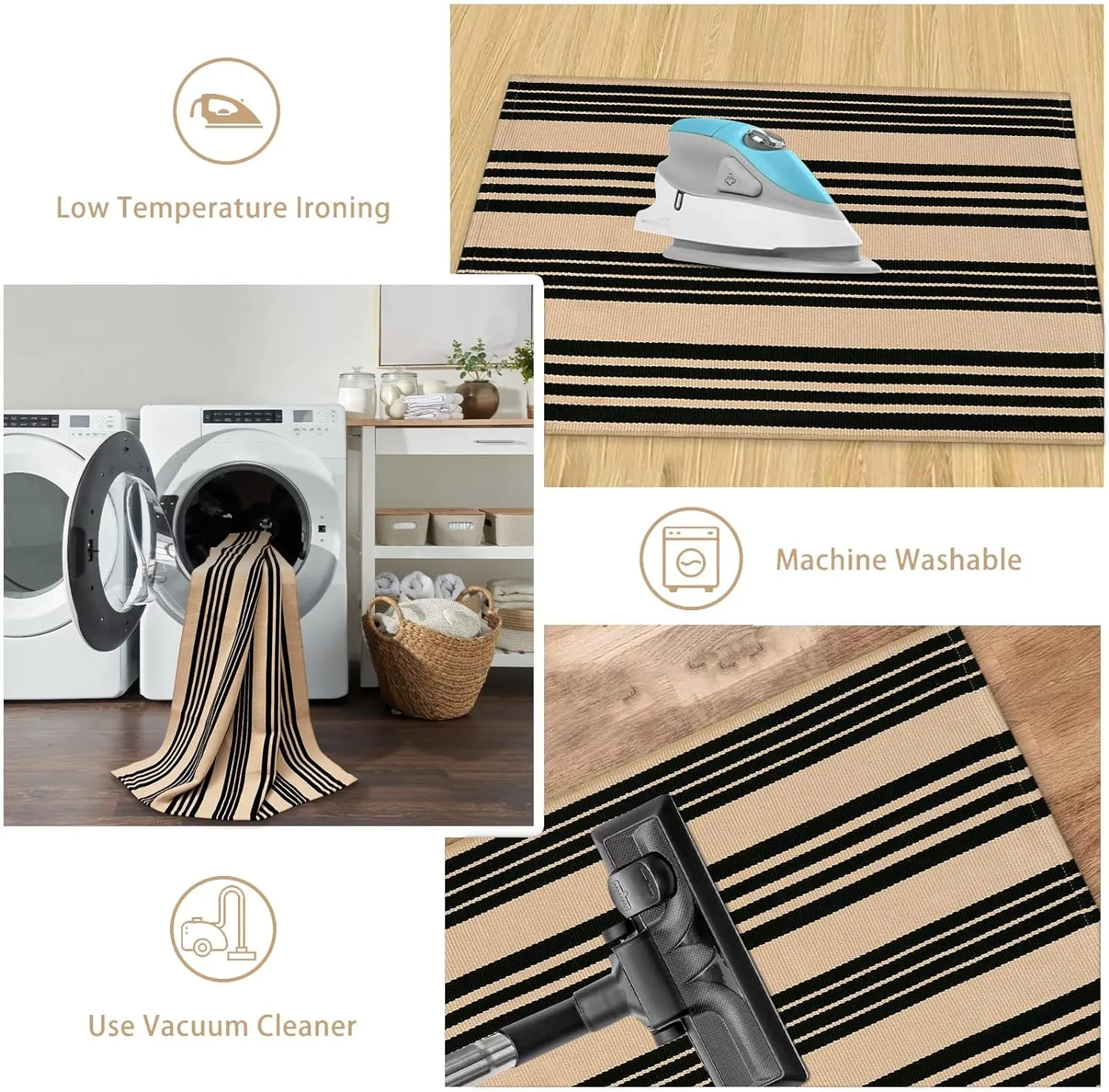 Striped Outdoor Front Door Mat 24"x51", Cotton Hand Woven Washable Black and Khaki Rug Runner, Reversible Foldable Indoor Layered Front Door Rugs for Entryway/Farmhouse/Home Entrance