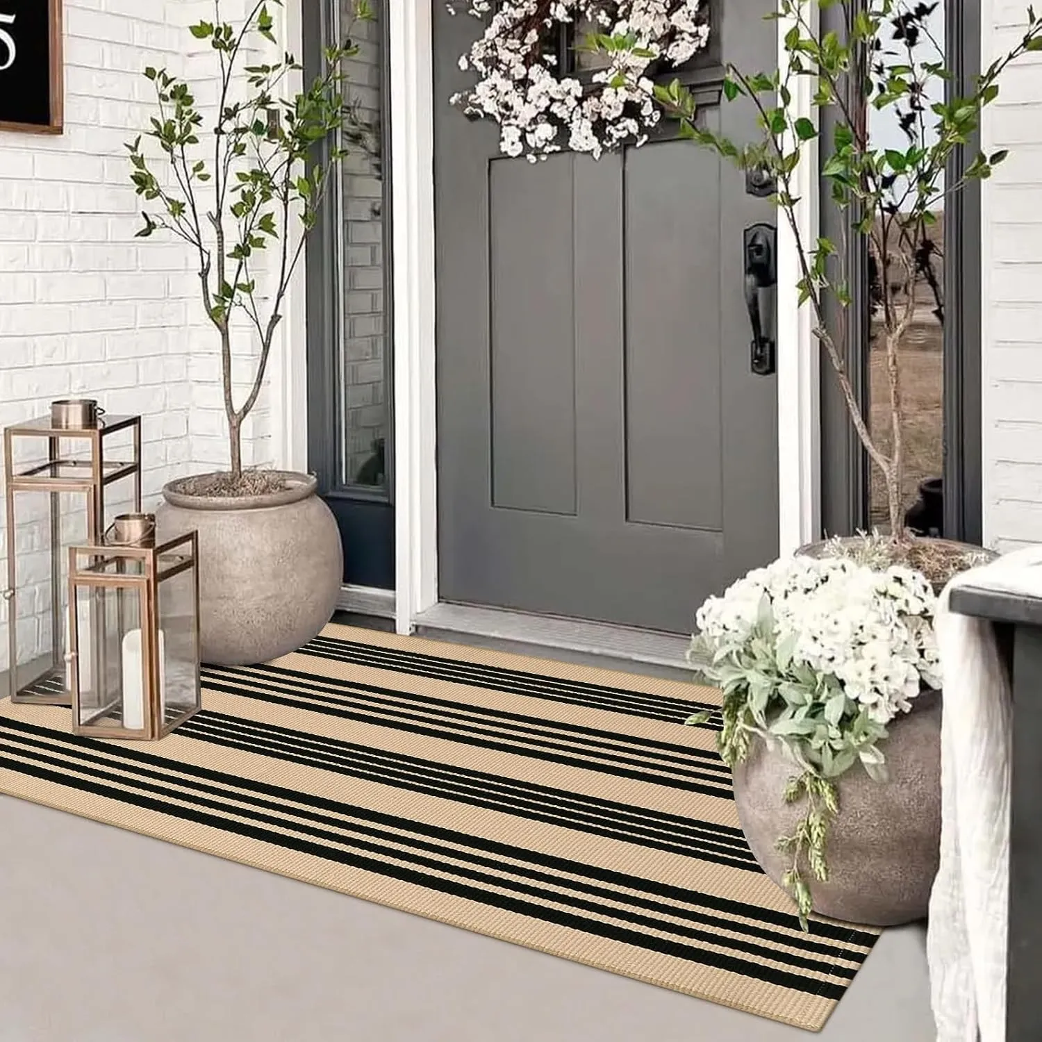 Striped Outdoor Front Door Mat 24"x51", Cotton Hand Woven Washable Black and Khaki Rug Runner, Reversible Foldable Indoor Layered Front Door Rugs for Entryway/Farmhouse/Home Entrance