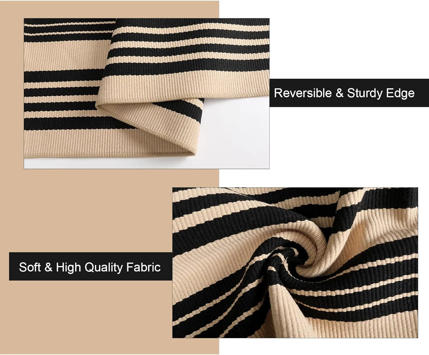 Striped Outdoor Front Door Mat 24"x51", Cotton Hand Woven Washable Black and Khaki Rug Runner, Reversible Foldable Indoor Layered Front Door Rugs for Entryway/Farmhouse/Home Entrance