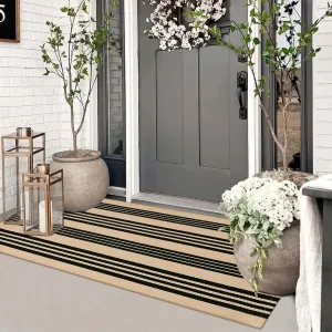 Striped Outdoor Front Door Mat 24"x51", Cotton Hand Woven Washable Black and Khaki Rug Runner, Reversible Foldable Indoor Layered Front Door Rugs for Entryway/Farmhouse/Home Entrance