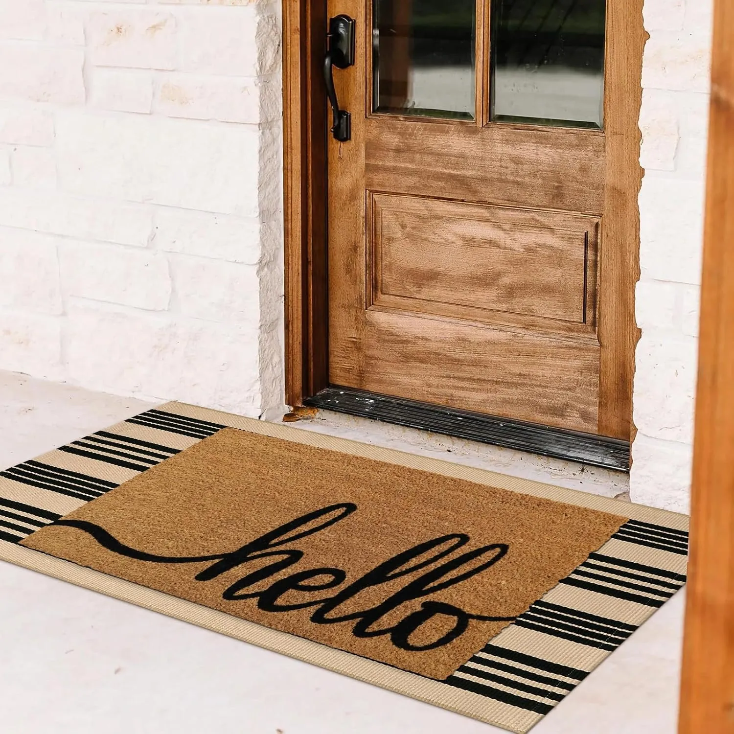 Striped Outdoor Front Door Mat 24"x51", Cotton Hand Woven Washable Black and Khaki Rug Runner, Reversible Foldable Indoor Layered Front Door Rugs for Entryway/Farmhouse/Home Entrance