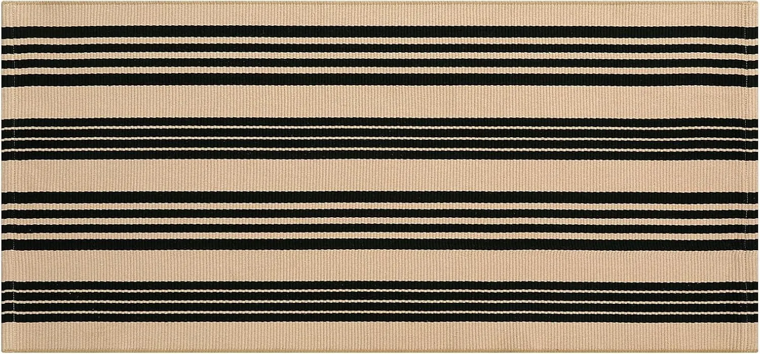 Striped Outdoor Front Door Mat 24"x51", Cotton Hand Woven Washable Black and Khaki Rug Runner, Reversible Foldable Indoor Layered Front Door Rugs for Entryway/Farmhouse/Home Entrance