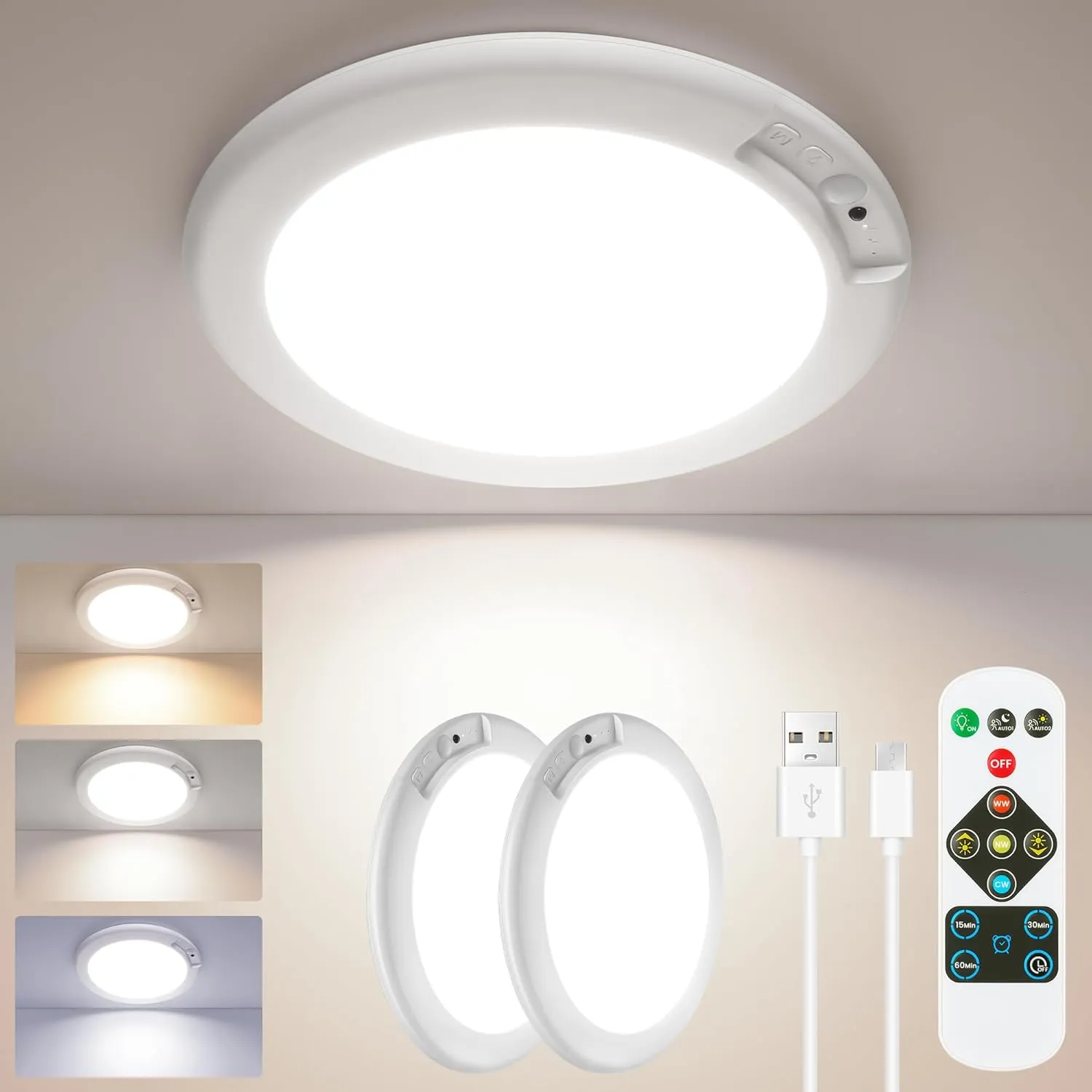 SunRider 2Pack Rechargeable Motion Sensor LED Ceiling Light with Remote, 3CCT Cordless Closet Lights Battery Operated for Shower Stair, Magnetic Mount