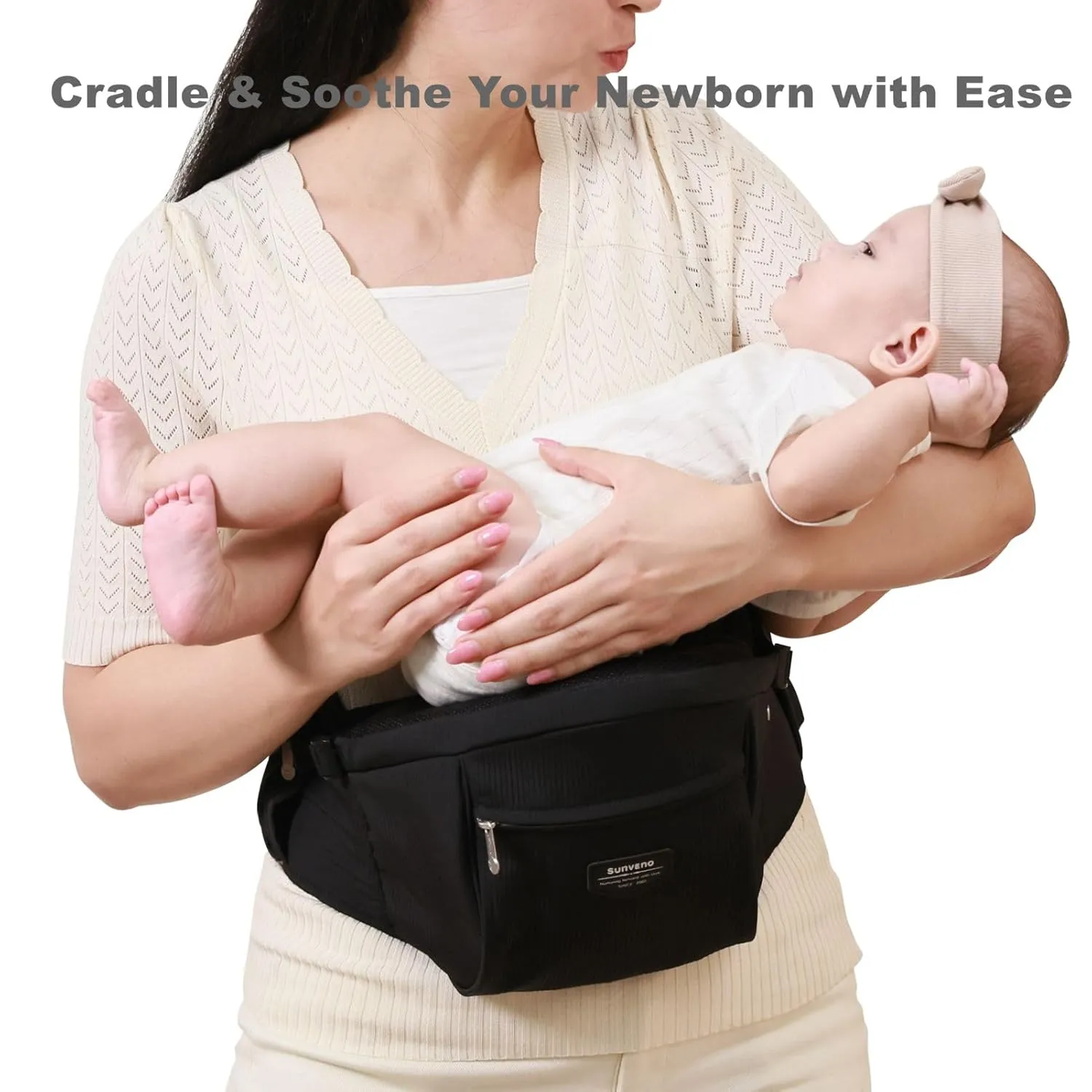 SUNVENO Hip Seat Baby Carrier with CPSC-Certification for 7-45lbs, Ergonomic Abdominal Pressure Relief Design, Non-Slip Silicone Infant Hip Seat Surface for Newborns & Toddlers Fit for All Seasons