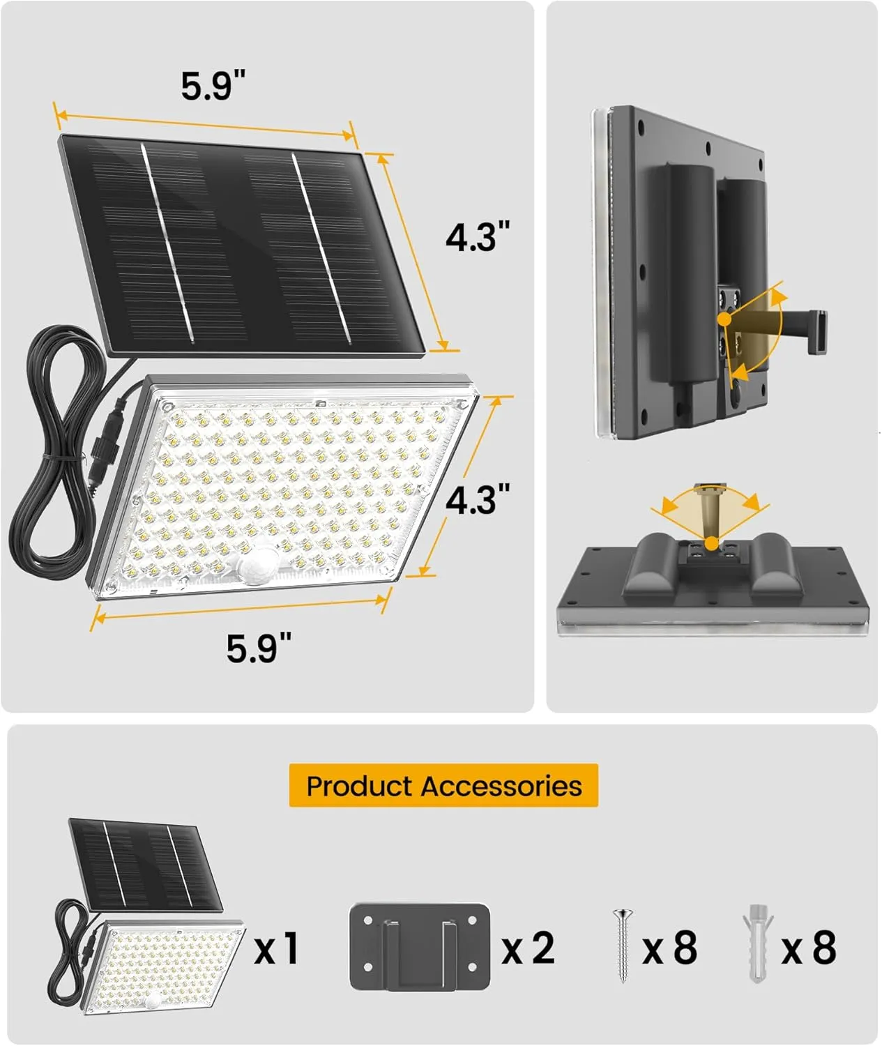 SUPERDANNY Solar Motion Sensor Outdoor Flood Lights with 113 Bright LEDs, Dusk to Dawn Outside Flood Lights with 16ft Cable IP65 Waterproof, Security Light for Garden Barn Porch 1 Pack(Gray)
