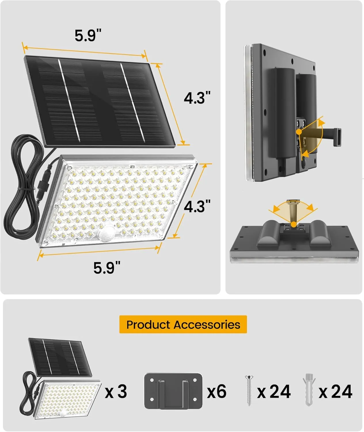 SUPERDANNY Solar Outside Lights with 113 Bright LEDs 7000K, Motion Sensor Outdoor Flood Lights Dusk to Dawn with 16ft Cable IP65 Waterproof, Security Light for Garden Barn Porch 3 Pack（Gray）