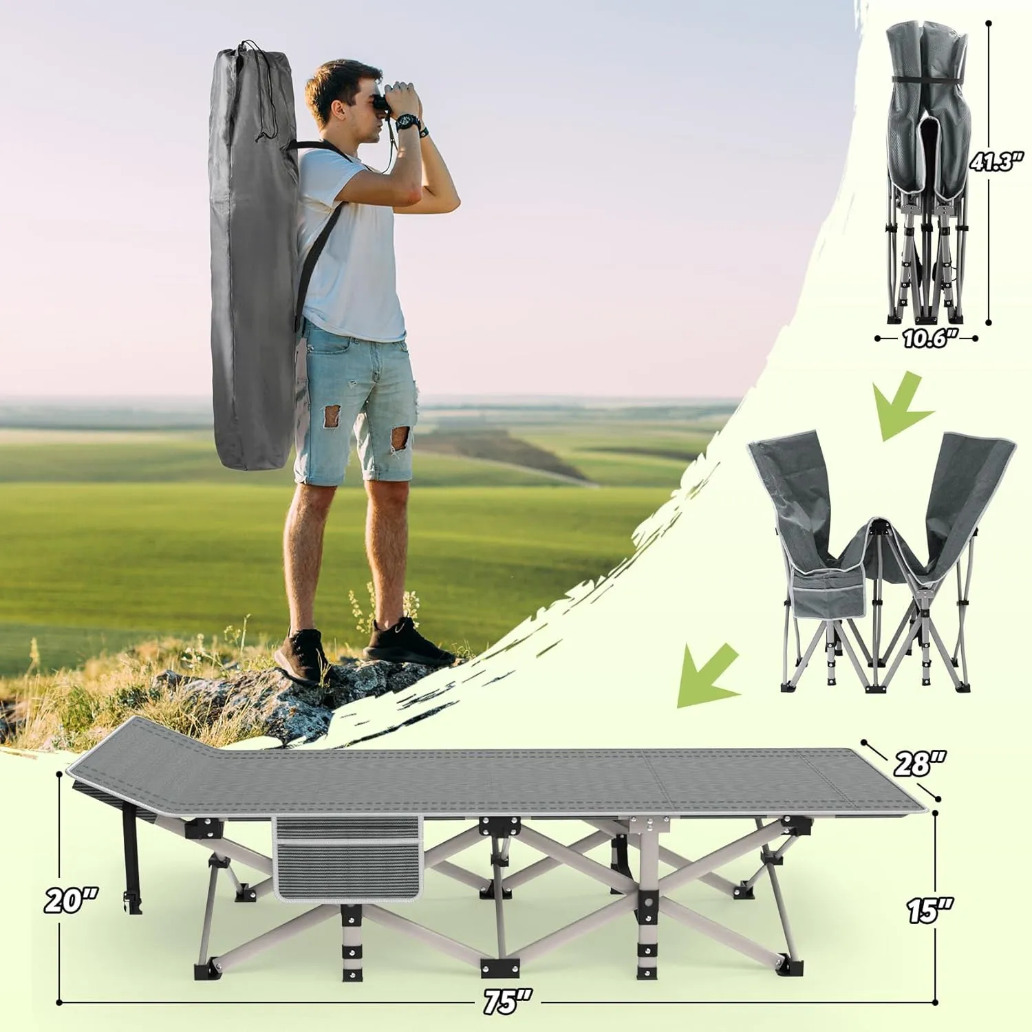 Suteck Camping Cot, Folding Camping Cot Bed for Adults Sleeping 1200D Double Layer Oxford Portable Folding Outdoor Cots for Camping W/Soft Pad Carry Bag for Home Office Nap Beach Travel, 500LBS,Grey